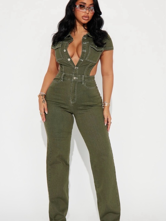 Fashion Nova Pants - Fashion Nova Olive Green Straight Leg Jumpsuit